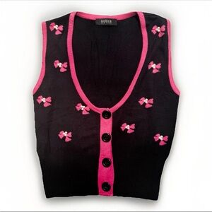 Y2K Bobos New York Knit Vest Black with Pink Bows & Pearl Detail – S/M coquette